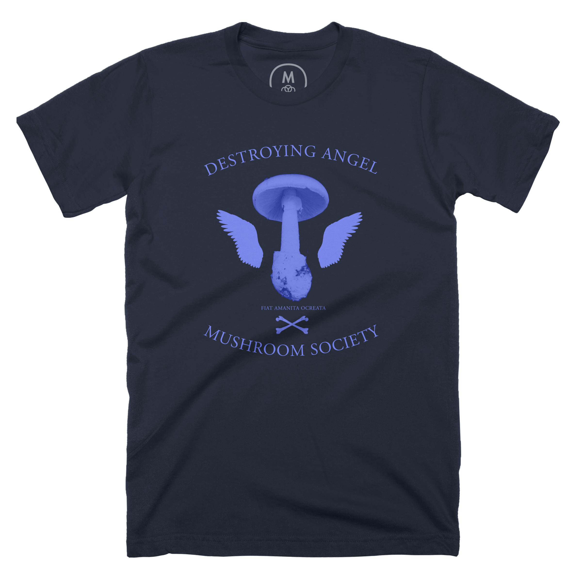 Dark blue t-shirt with a mushroom and a pair of angels wings